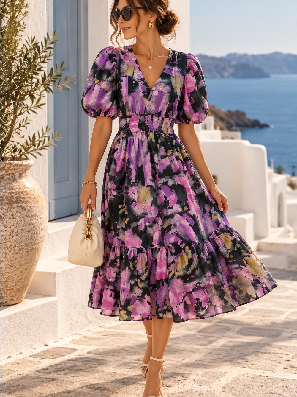 PINCH Abstract Floral Puff Sleeve Smocked Waist Midi Dress M